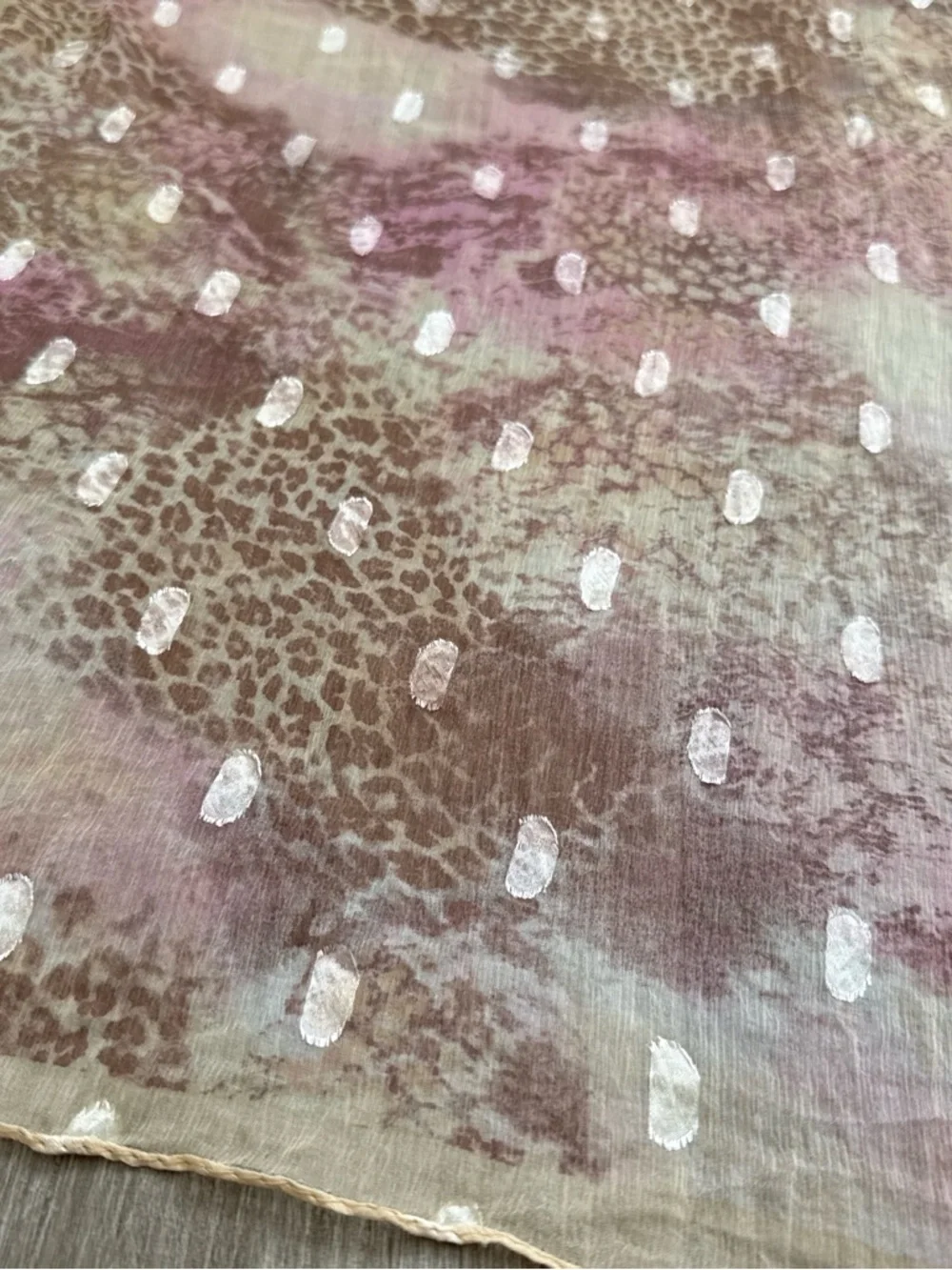 100% Silk Leopard Print White Polka Dot Lightweight Sheer Romantic Pink Scarf